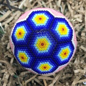 Mexican Huichol Hand Beaded Flower Christmas Sphere Ornament - Set of 6